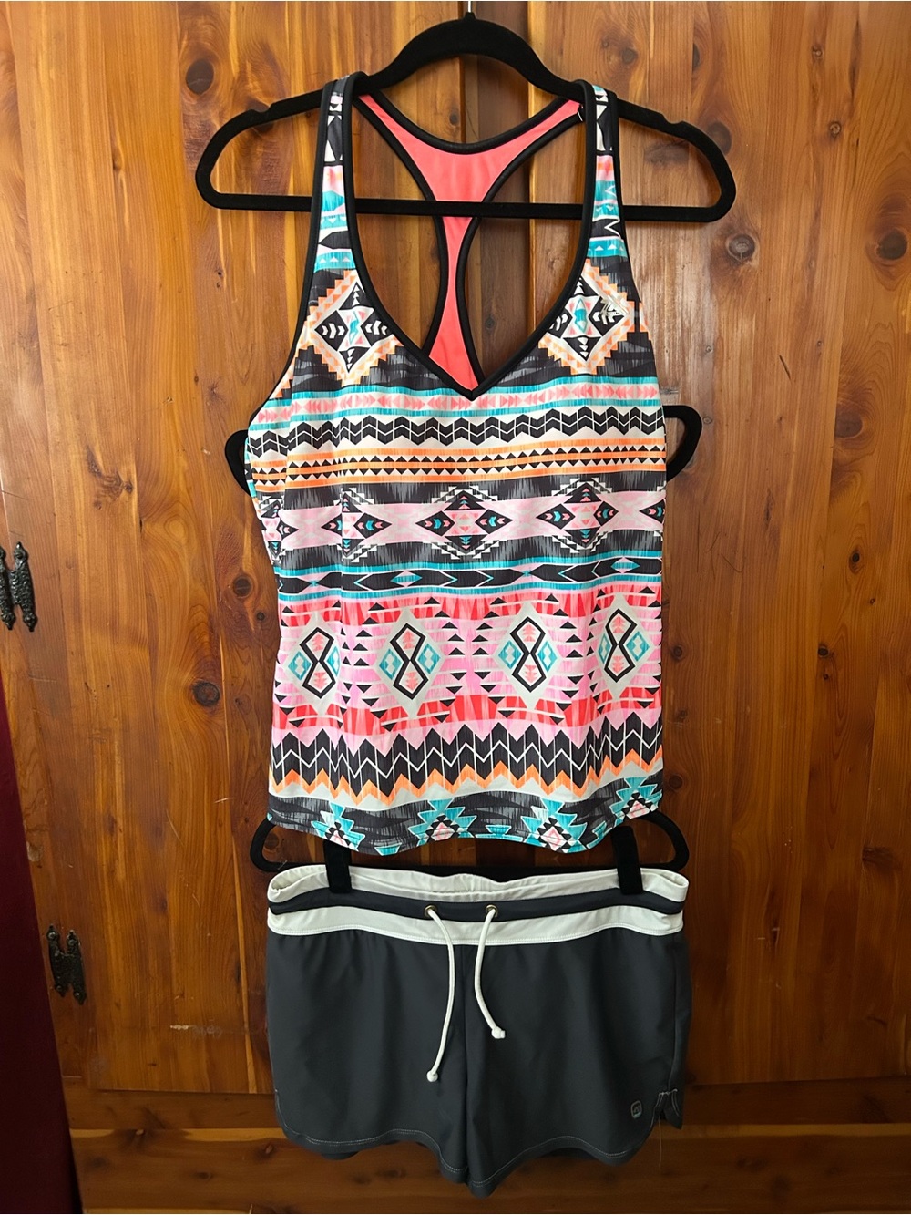 Women's Coral Aztec Racerback Swim Tankini Top and Charcoal Swim Shorts